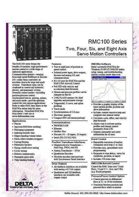 Cover of Delta RMC 100 Series Two, Four, Six, and Eight Axis Servo Motion Controllers