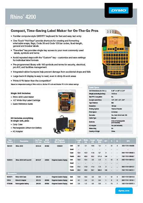 Cover of DYMO Rhino 4200 Datasheet Compact, Time-Saving Label Maker for On-The-Go Pros