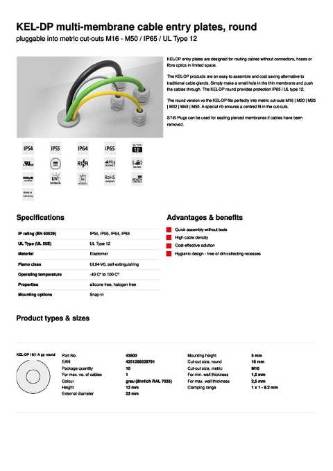 Cover of Icotek KEL-DP multi-membrane cable entry plates, round Pluggable into metric cut-outs M16 - M50 / IP65 / UL Type 12