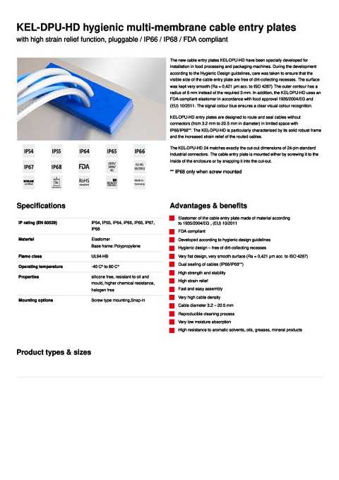 Cover of Icotek KEL-DPU-HD hygienic multi-membrane cable entry plates With high strain relief function, pluggable / IP66 / IP68 / FDA compliant