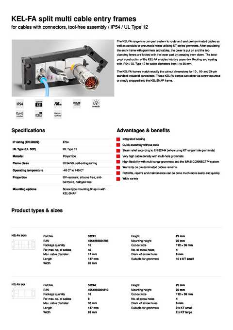 Cover of Icotek KEL-FA split multi cable entry frames For cables with connectors, tool-free assembly / IP54 / UL Type 12